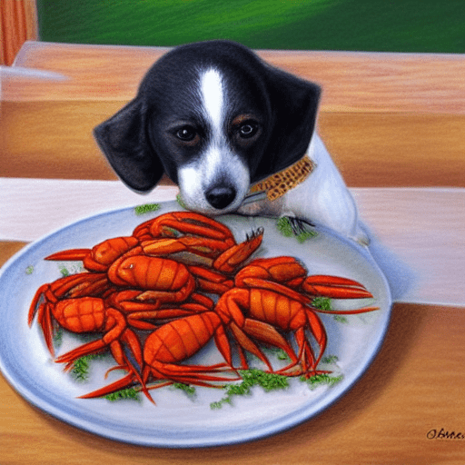 drawing of a dog and plate of cooked crawfish