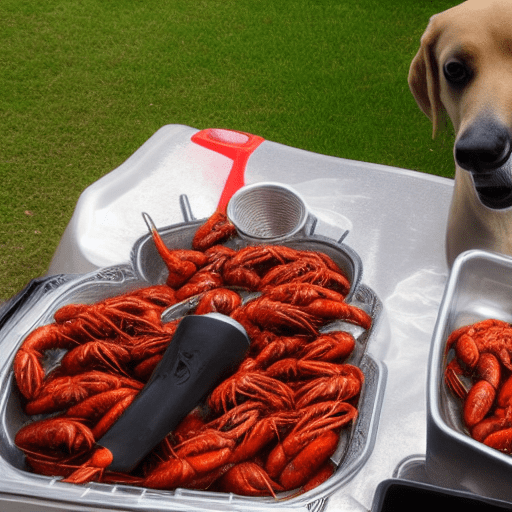 picture of a dog looking at a plate of crawfish